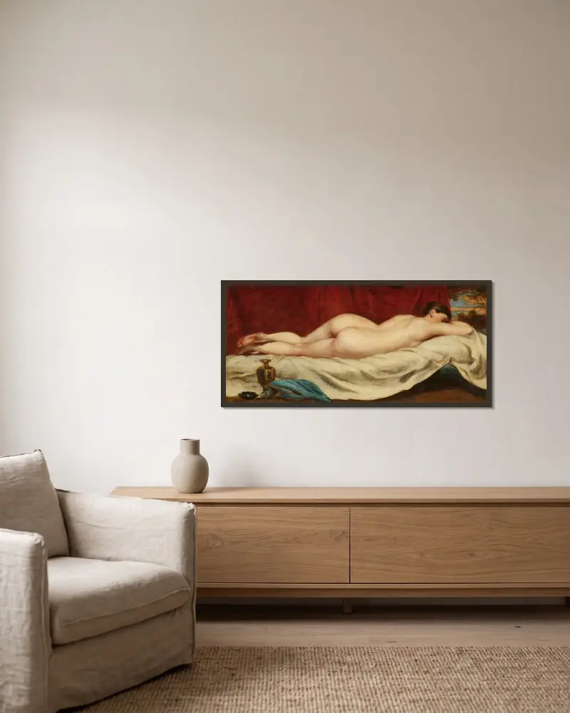 Kvinna sovande på en soffa framför en röd ridå av William Etty inramad på en vägg