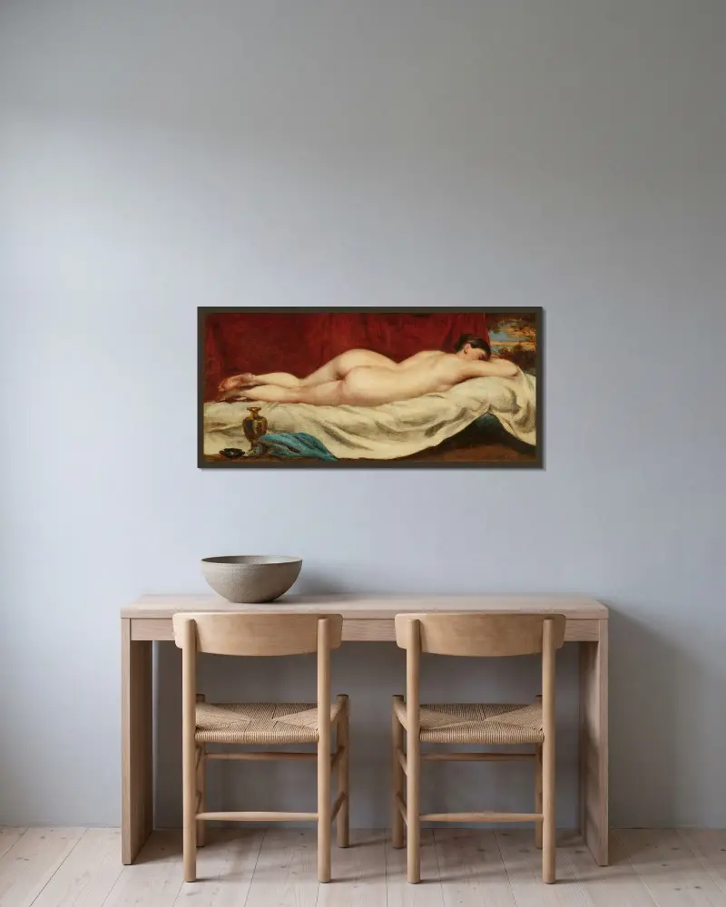 Kvinna sovande på en soffa framför en röd ridå av William Etty inramad på en vägg