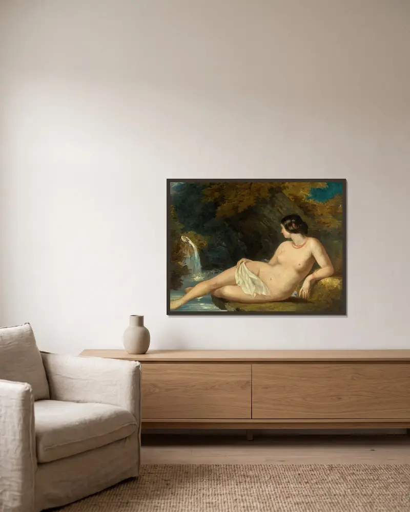 Reclining Female Nude By A Waterfall av William Etty inramad på en vägg