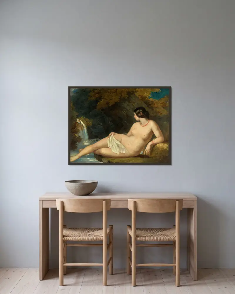 Reclining Female Nude By A Waterfall av William Etty inramad på en vägg