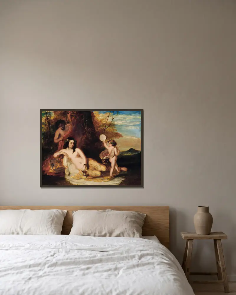 Satyr spying on a reclining nymph av William Etty inramad på en vägg
