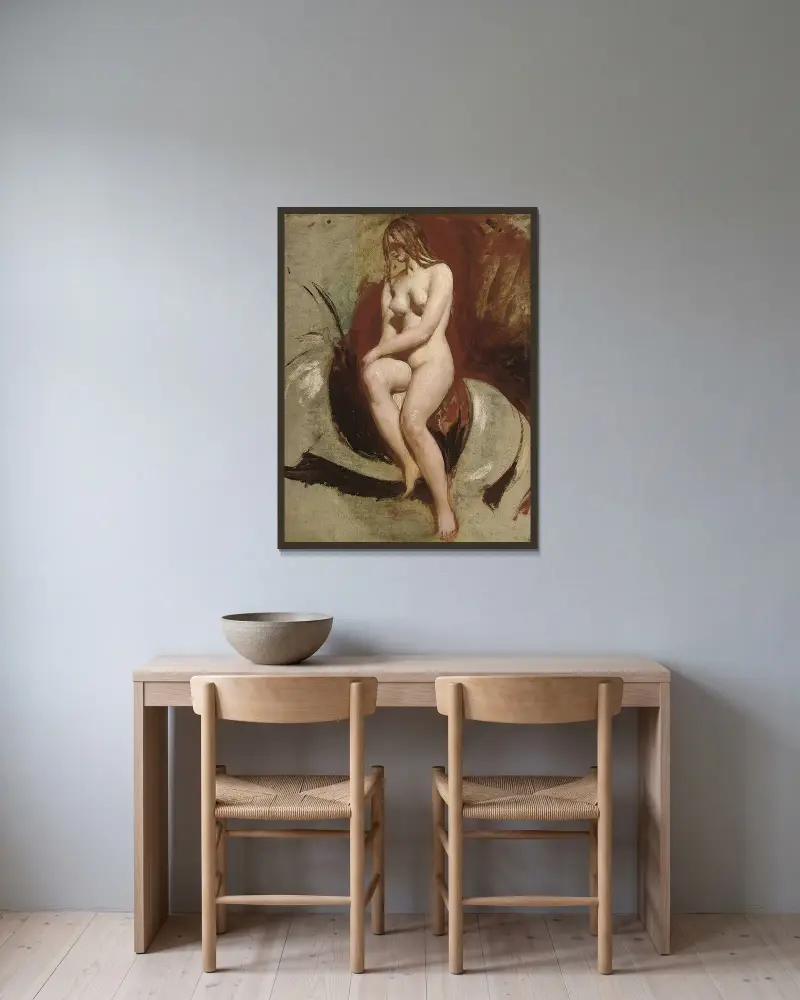 Sitzender weiblicher Akt von William Etty gerahmt an einer Wand