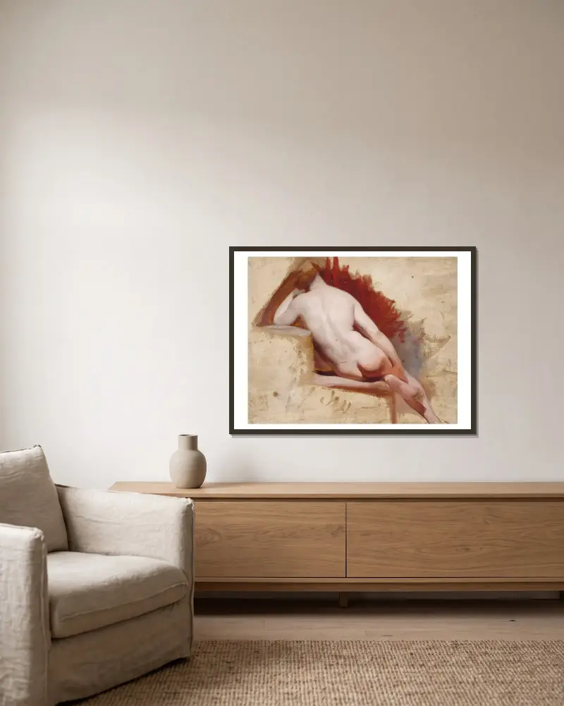 Sitzende weibliche Aktstudie von William Etty gerahmt an einer Wand