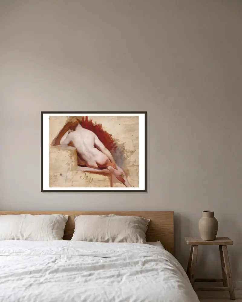 Sitzende weibliche Aktstudie von William Etty gerahmt an einer Wand