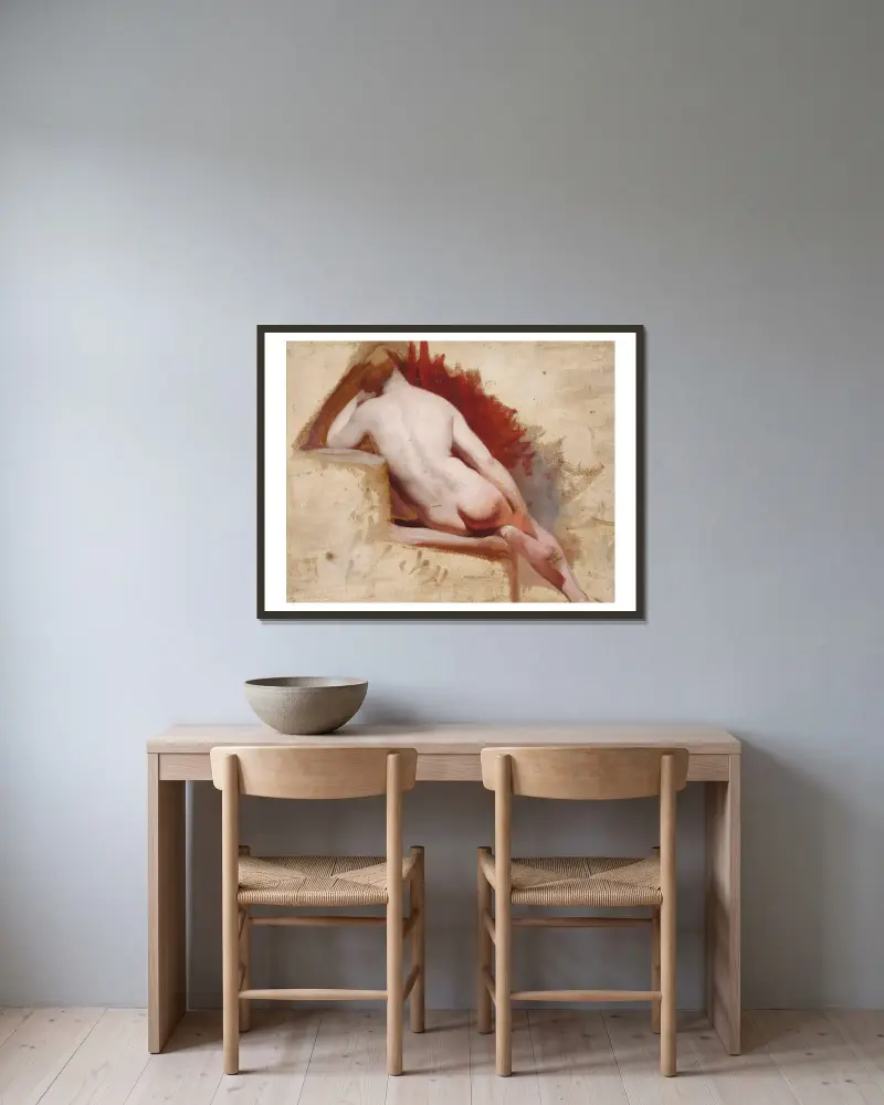 Sitzende weibliche Aktstudie von William Etty gerahmt an einer Wand