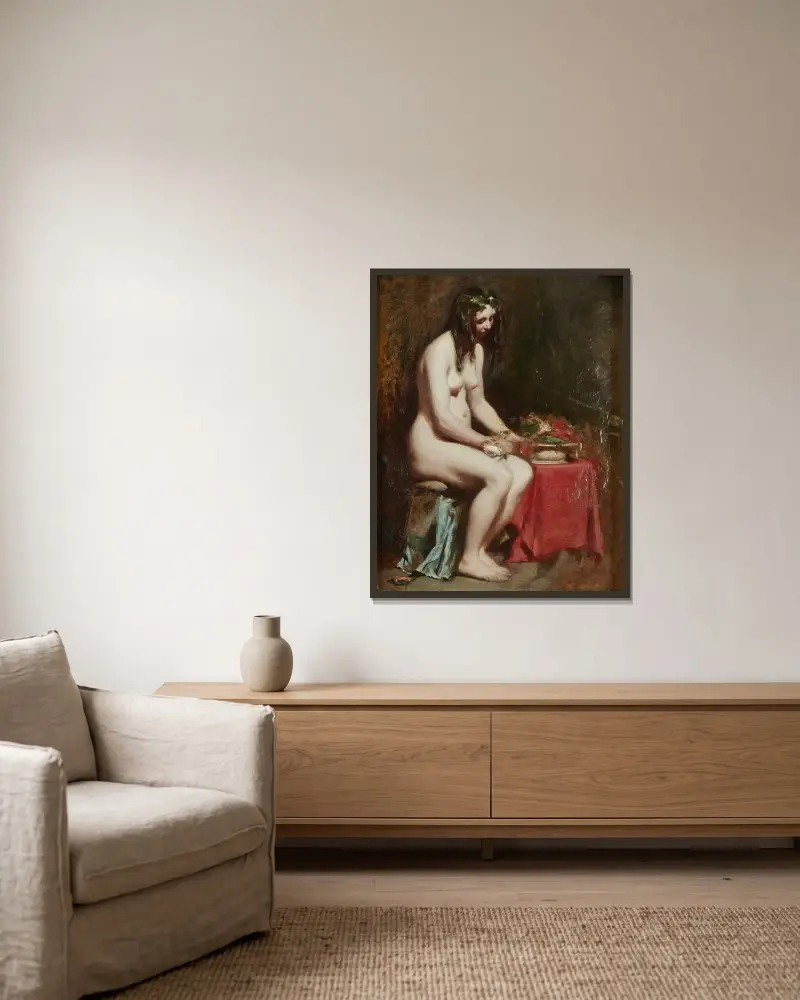 Sittande kvinnlig naken med blommor i håret och ett stilleben vid sin sida av William Etty inramad på en vägg