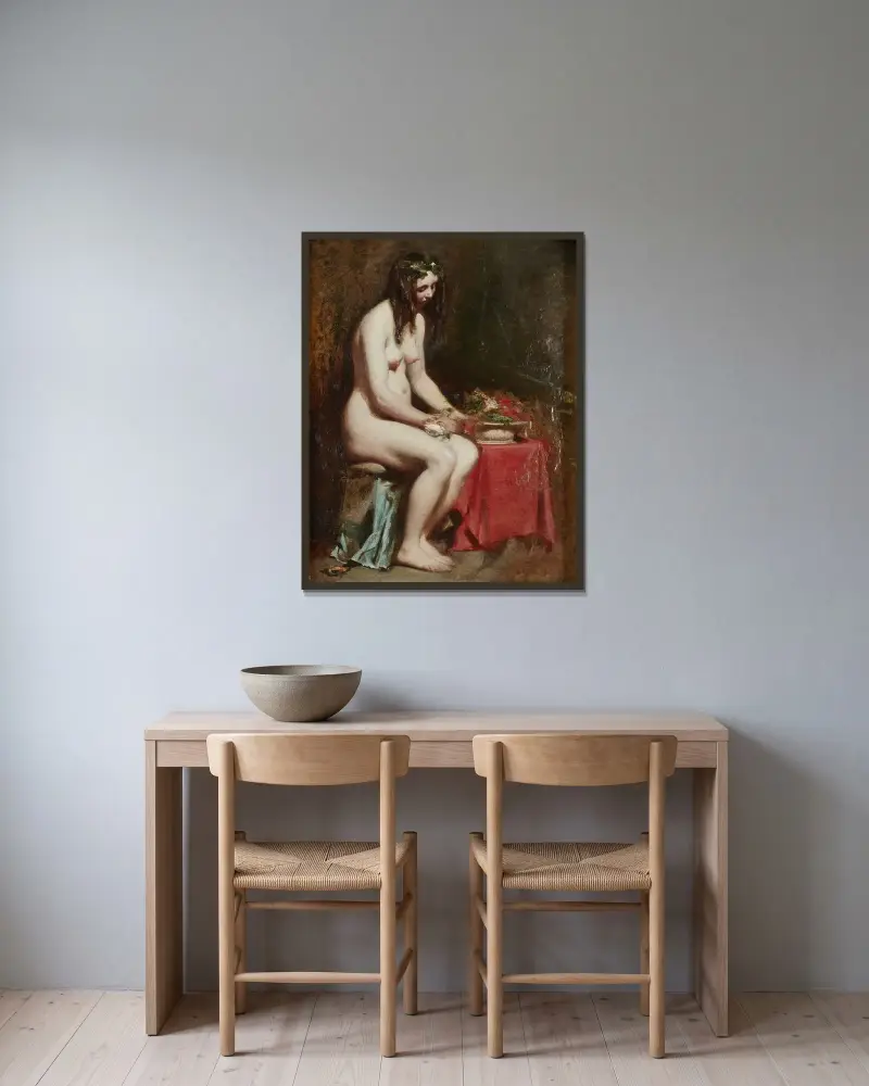 Sittande kvinnlig naken med blommor i håret och ett stilleben vid sin sida av William Etty inramad på en vägg