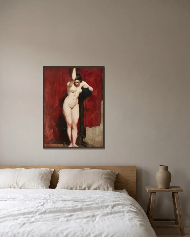Stående akademisk nakenstudie av William Etty inramad på en vägg