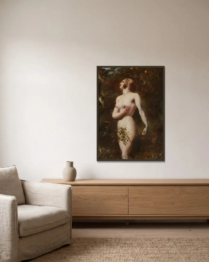 Frestelsen av Eva (I trädgården) av William Etty inramad på en vägg