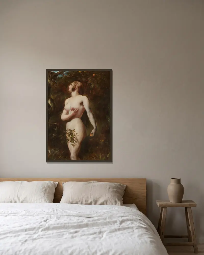 Frestelsen av Eva (I trädgården) av William Etty inramad på en vägg