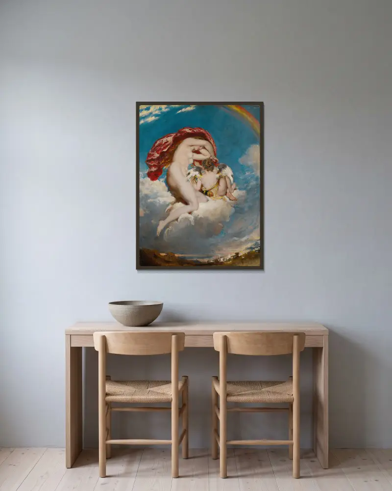 Venus und Amor herabsteigend von William Etty gerahmt an einer Wand