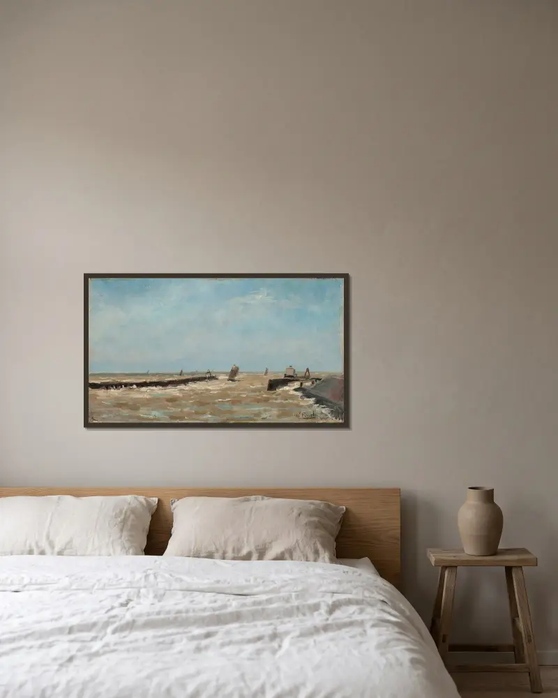En belgisk hamn av Alfred William Finch inramad på en vägg