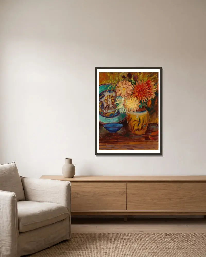 Chrysanthemen von Alfred William Finch gerahmt an einer Wand