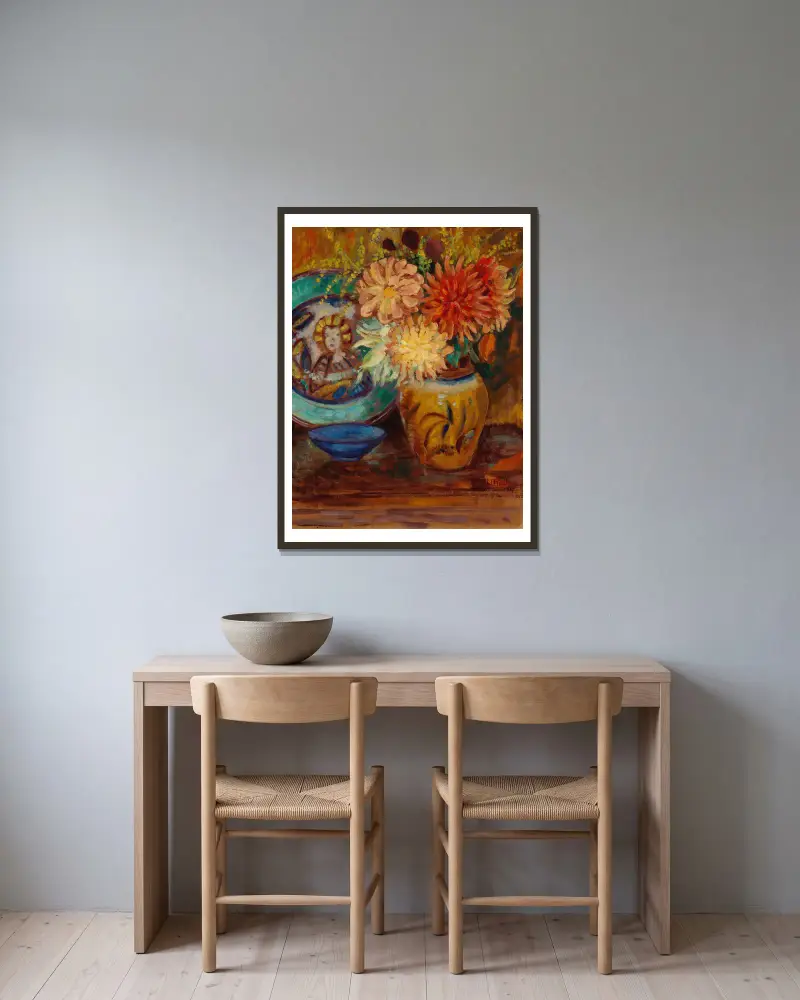 Chrysanthemen von Alfred William Finch gerahmt an einer Wand