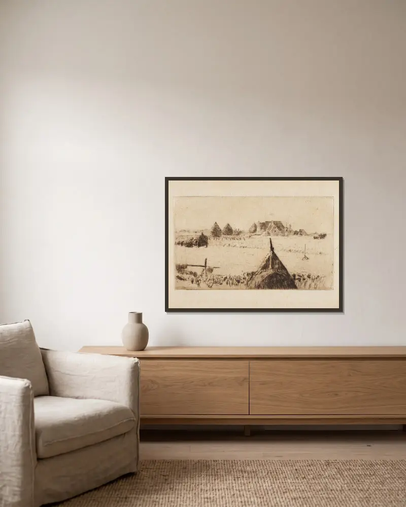 Landschap met hooimijten av Alfred William Finch inramad på en vägg