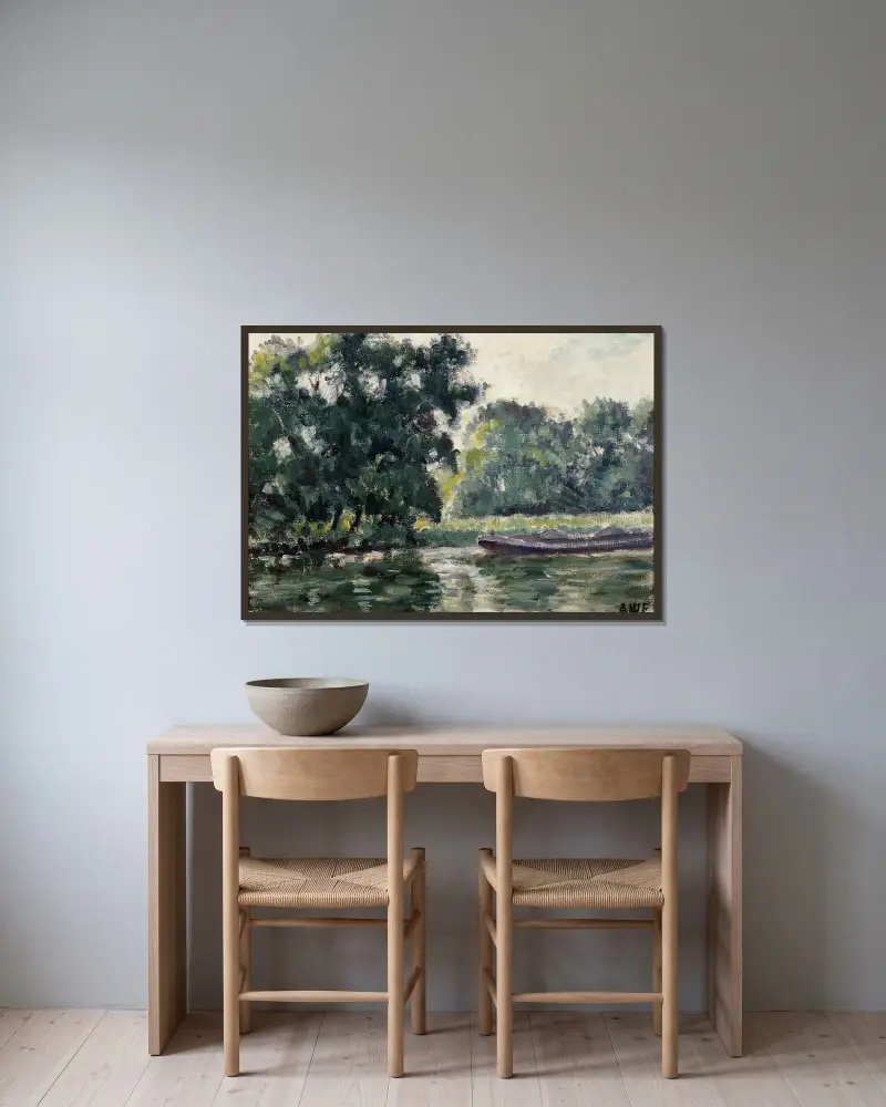 Richmond, a River Landscape av Alfred William Finch inramad på en vägg