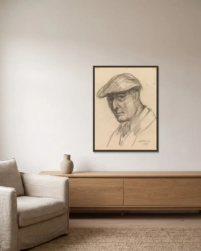Selbstporträt von Alfred William Finch gerahmt an einer Wand