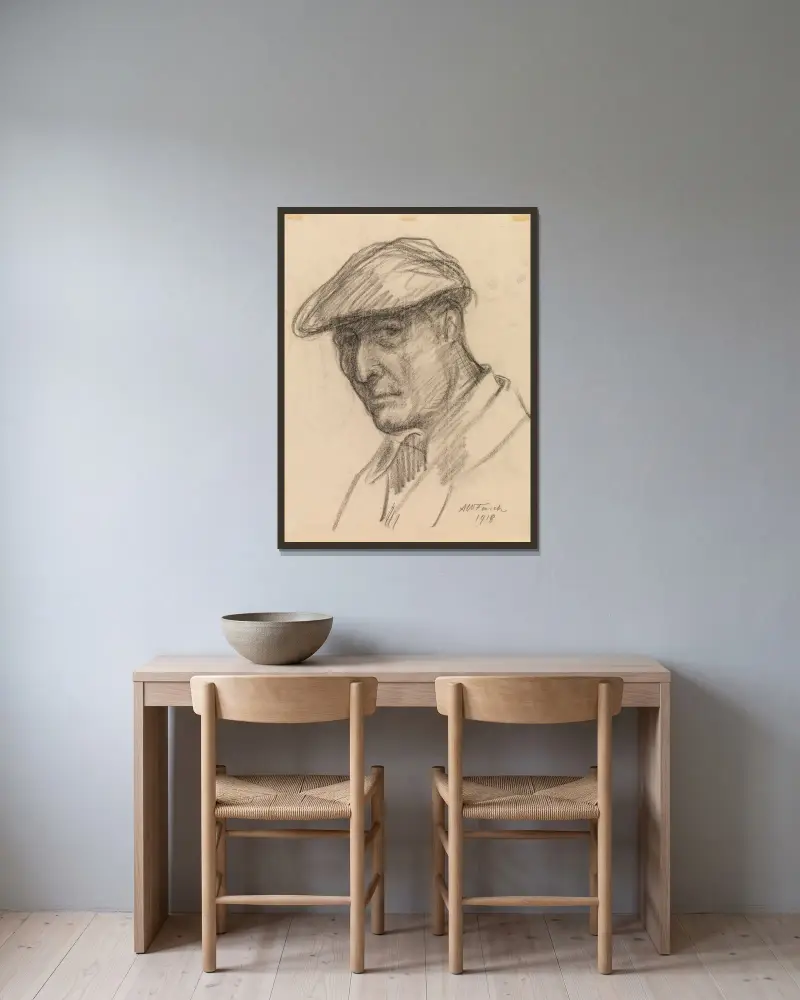 Selbstporträt von Alfred William Finch gerahmt an einer Wand