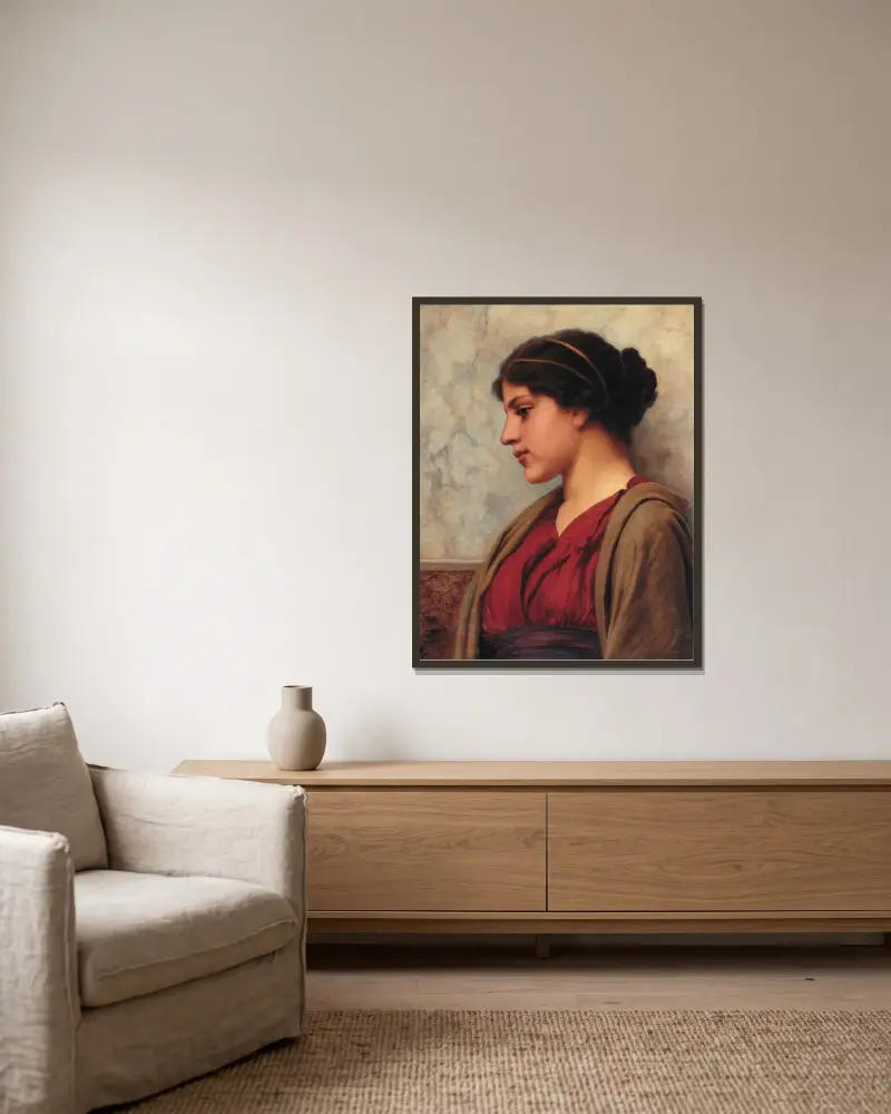 En klassisk skönhet, fjärran tankar av John William Godward inramad på en vägg