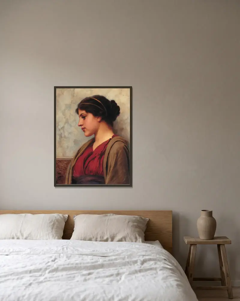 En klassisk skönhet, fjärran tankar av John William Godward inramad på en vägg