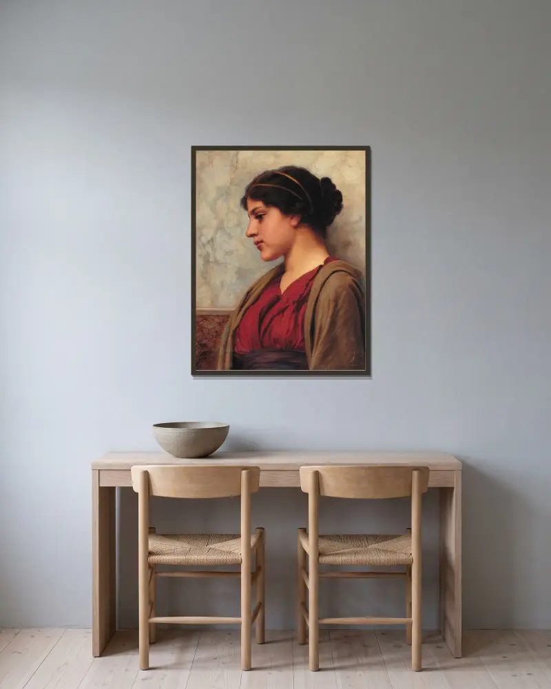 En klassisk skönhet, fjärran tankar av John William Godward inramad på en vägg