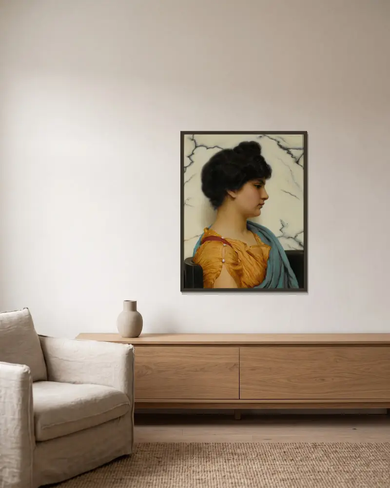 En arkadisk skönhet av John William Godward inramad på en vägg