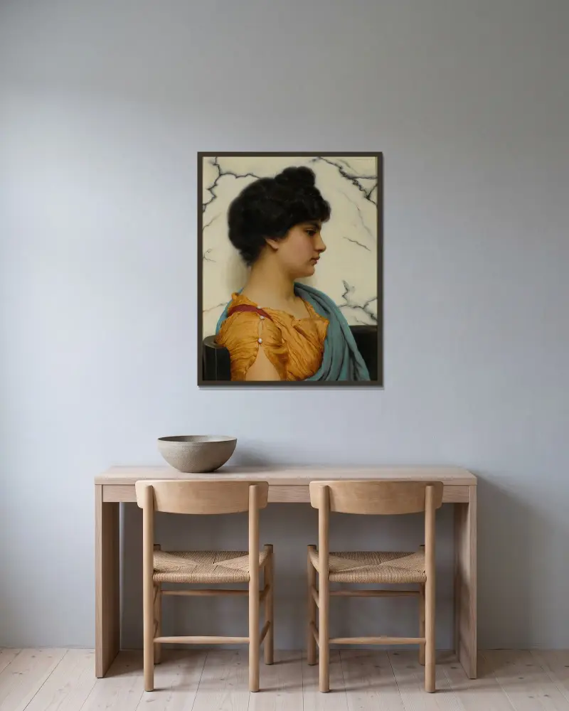 En arkadisk skönhet av John William Godward inramad på en vägg