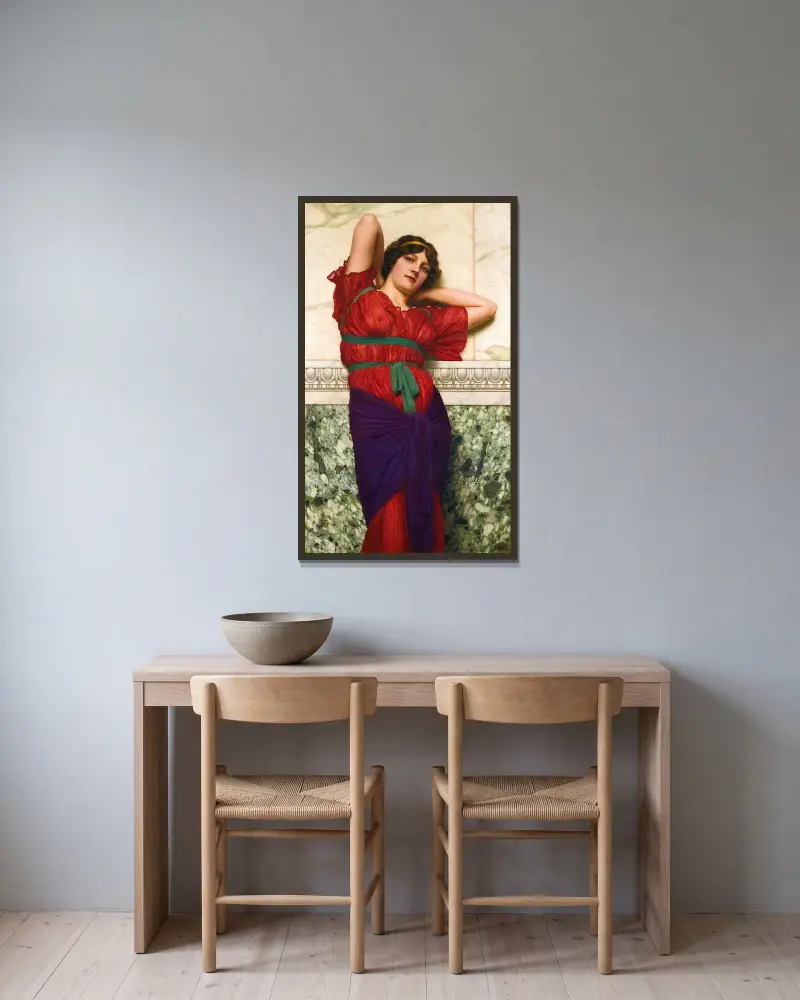 Kontemplation av John William Godward inramad på en vägg