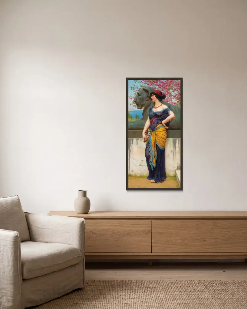 I Isistemplets lund av John William Godward inramad på en vägg