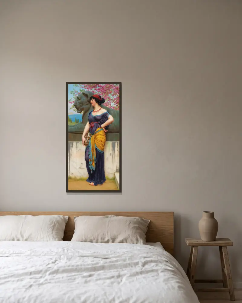 I Isistemplets lund av John William Godward inramad på en vägg