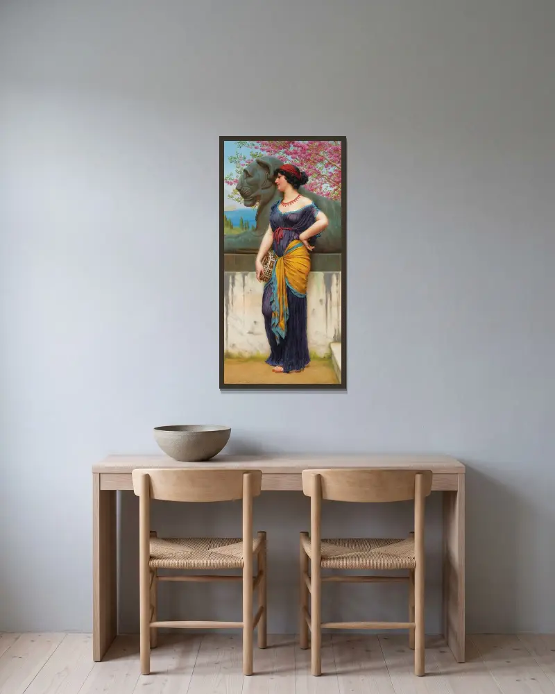I Isistemplets lund av John William Godward inramad på en vägg
