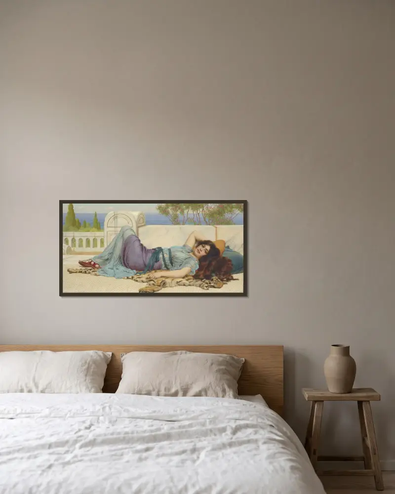 Skälm och vila av John William Godward inramad på en vägg