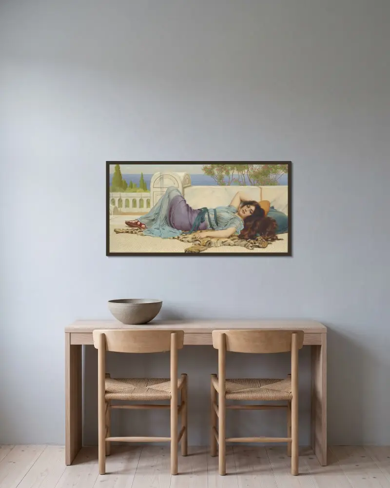 Skälm och vila av John William Godward inramad på en vägg