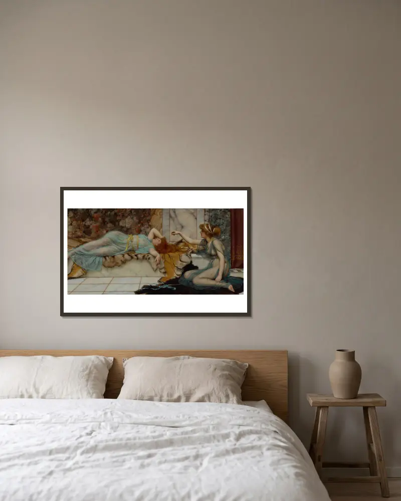 Übermut und Ruhe von John William Godward gerahmt an einer Wand