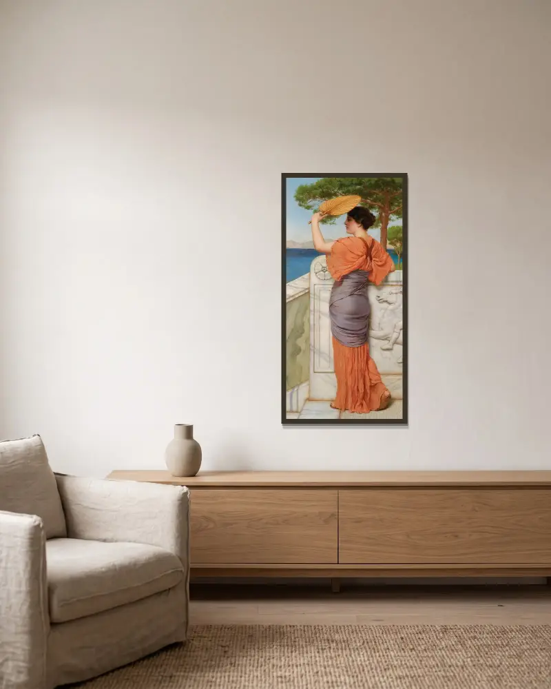 På balkongen av John William Godward inramad på en vägg