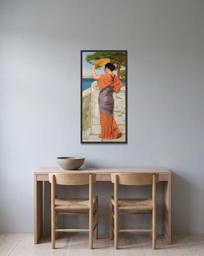 På balkongen av John William Godward inramad på en vägg