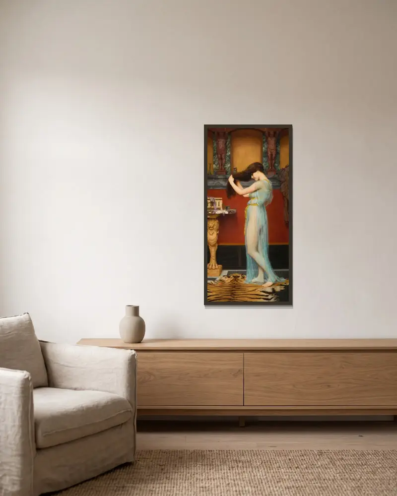 Förberedelse för badet av John William Godward inramad på en vägg