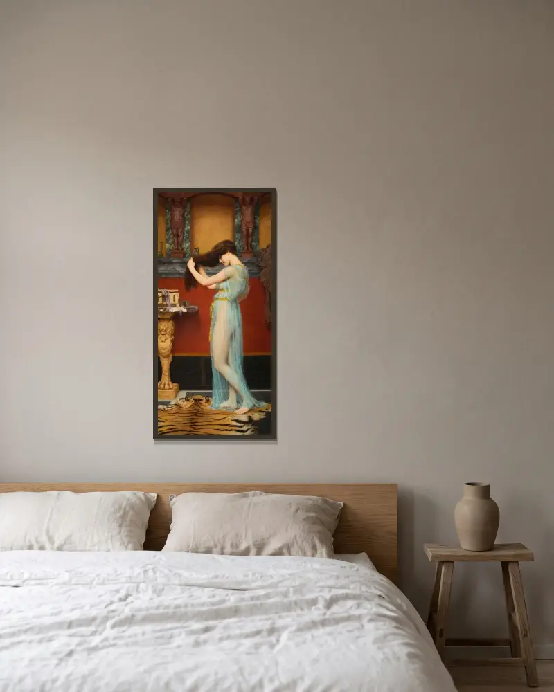 Förberedelse för badet av John William Godward inramad på en vägg