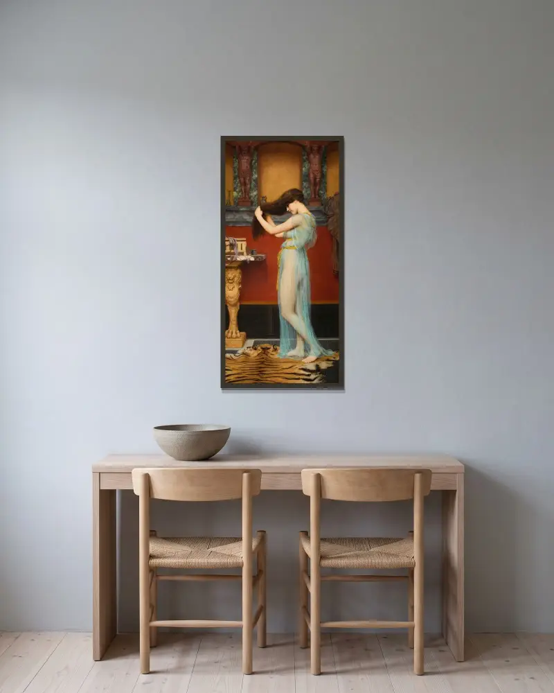 Förberedelse för badet av John William Godward inramad på en vägg