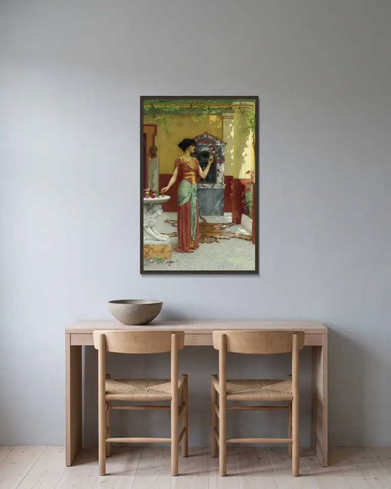 Buketten av John William Godward inramad på en vägg
