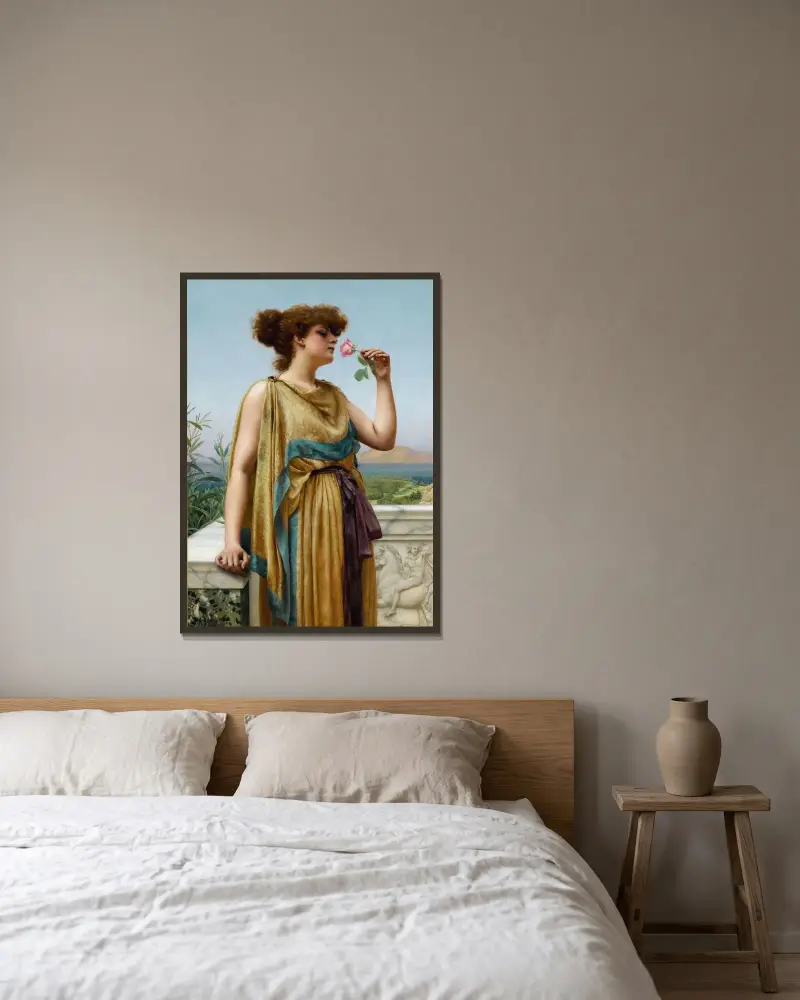 Den doftande rosen av John William Godward inramad på en vägg