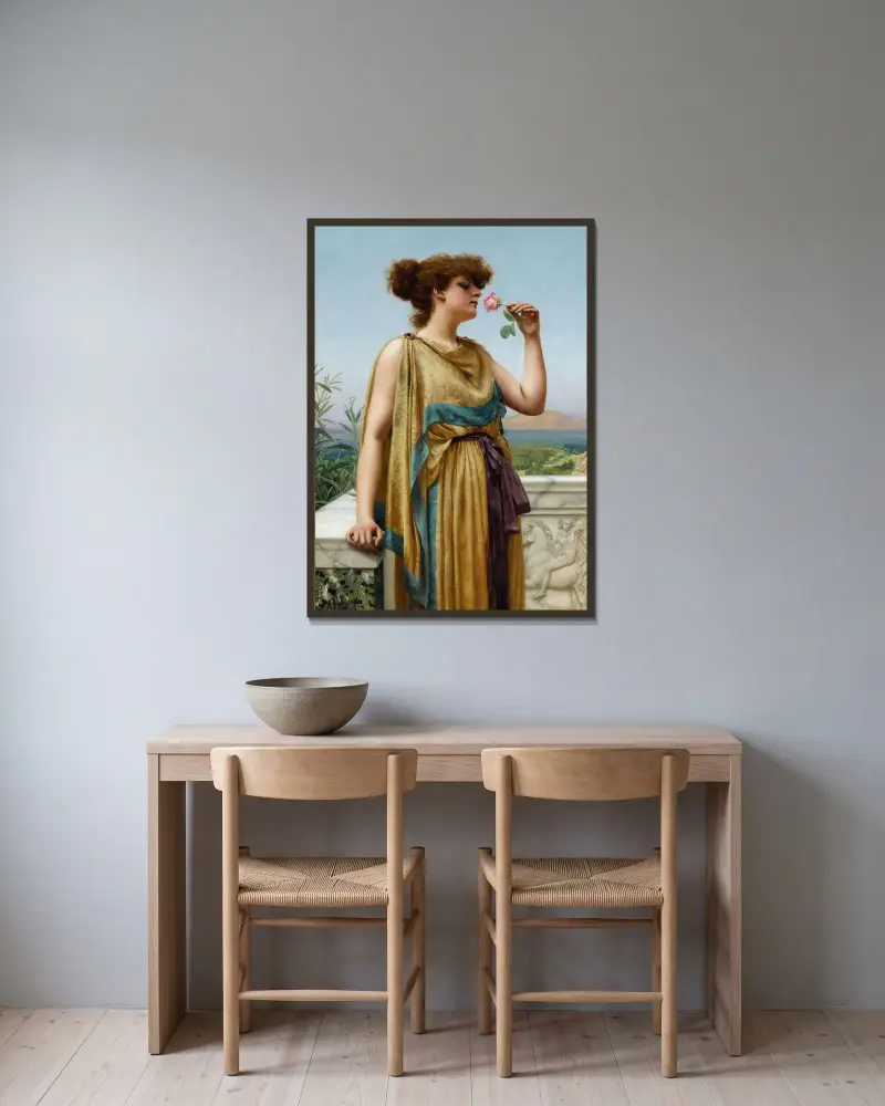 Den doftande rosen av John William Godward inramad på en vägg