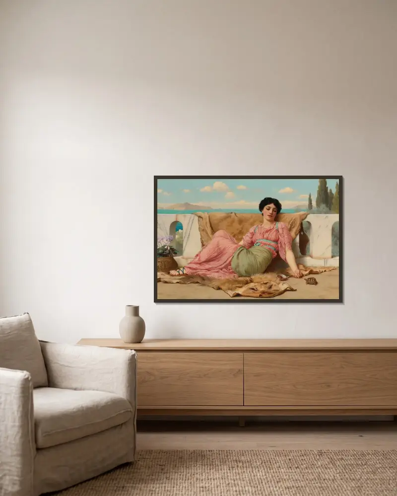 Den stilla gunstlingen av John William Godward inramad på en vägg