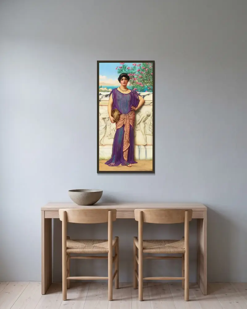 Tamburin flickan av John William Godward inramad på en vägg