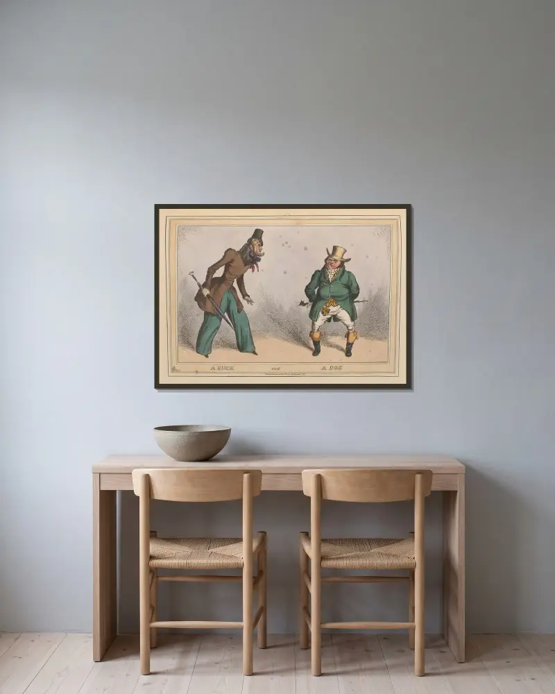 Ein Bock und eine Hirschkuh von William Heath gerahmt an einer Wand