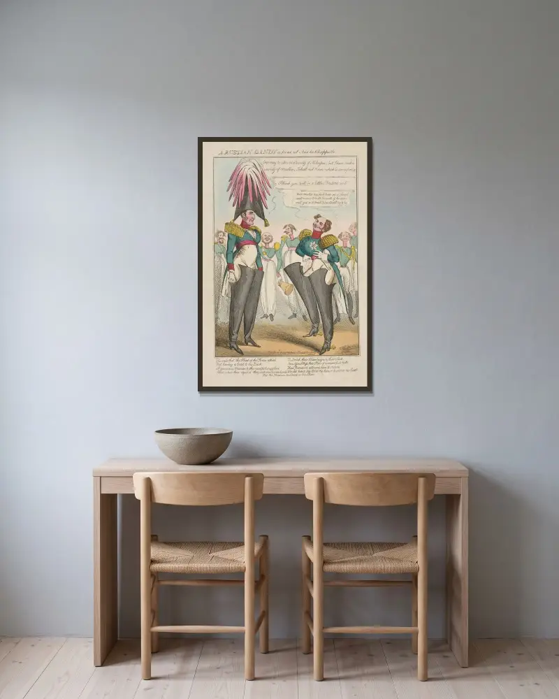 Ein russischer Dandy, eine Szene in Aix-la-Chapelle von William Heath gerahmt an einer Wand