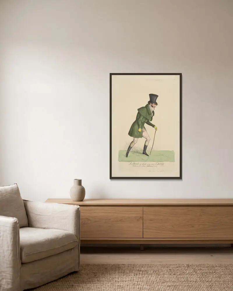 A sketch of what, was once a dandy. av William Heath inramad på en vägg