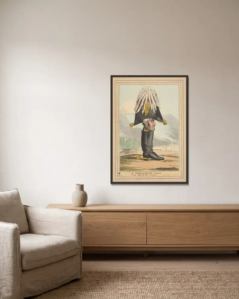 Ein Wellington-Stiefel – oder Oberbefehlshaber der Armee von William Heath gerahmt an einer Wand