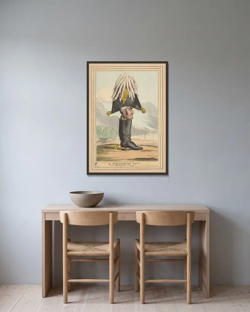 Ein Wellington-Stiefel – oder Oberbefehlshaber der Armee von William Heath gerahmt an einer Wand
