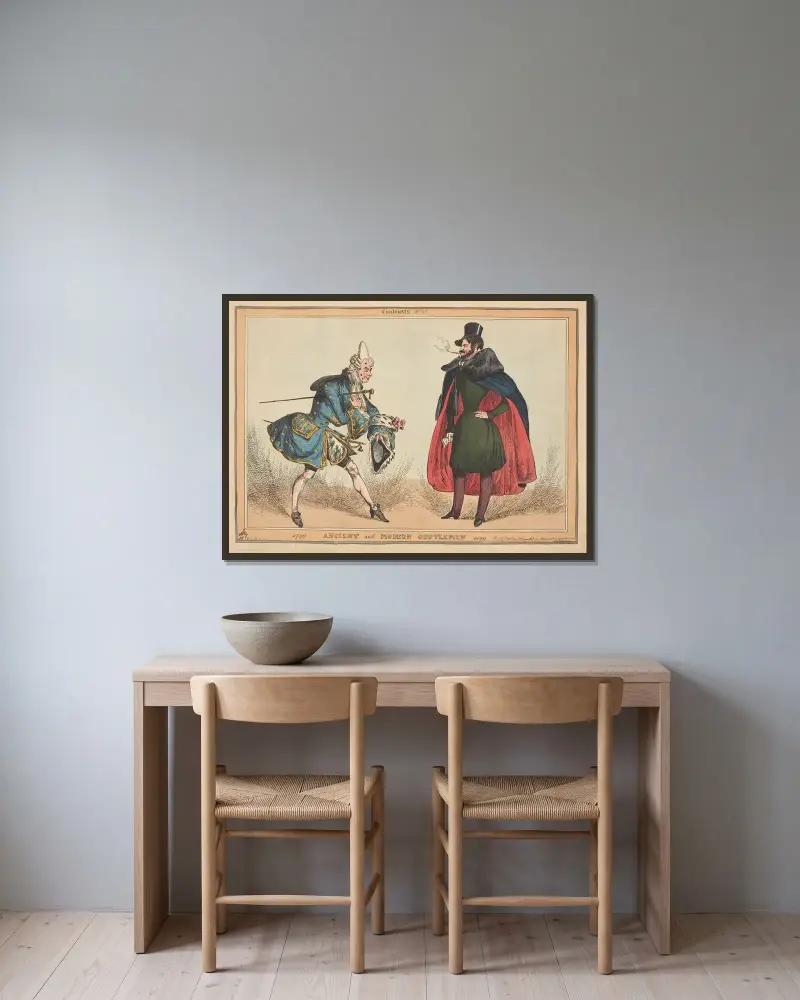 Kontraster, pl. 3d. Forntida och moderna herrar. 1729–1829. av William Heath inramad på en vägg